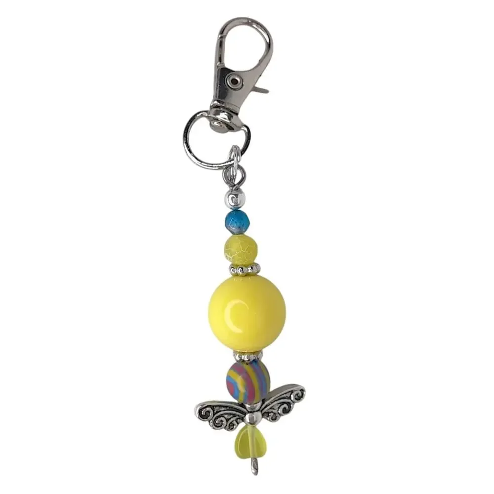 Handmade Beaded Fairy Bag Charm Silver Wings Bright Yellow Whimsical Keychain